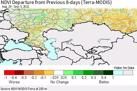 Russian Federation NDVI Departure from Previous 8-days (Terra-MODIS) Thematic Map For 8/29/2021 - 9/5/2021