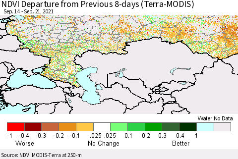Russian Federation NDVI Departure from Previous 8-days (Terra-MODIS) Thematic Map For 9/14/2021 - 9/21/2021