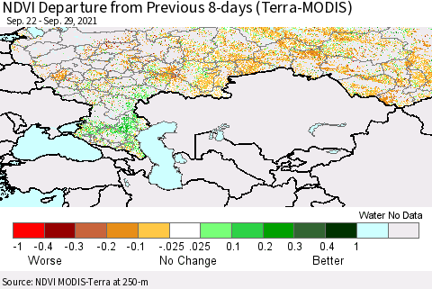Russian Federation NDVI Departure from Previous 8-days (Terra-MODIS) Thematic Map For 9/22/2021 - 9/29/2021