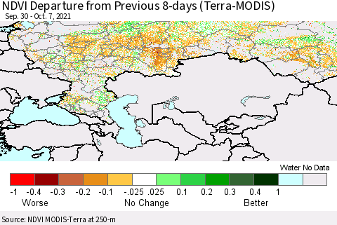 Russian Federation NDVI Departure from Previous 8-days (Terra-MODIS) Thematic Map For 9/30/2021 - 10/7/2021