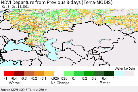 Russian Federation NDVI Departure from Previous 8-days (Terra-MODIS) Thematic Map For 10/8/2021 - 10/15/2021