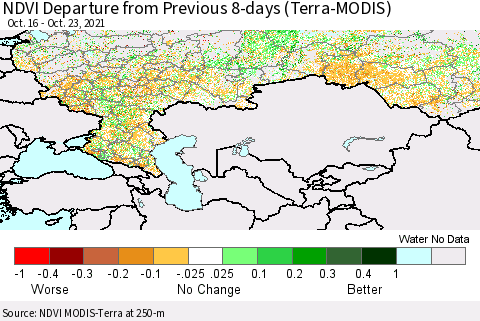 Russian Federation NDVI Departure from Previous 8-days (Terra-MODIS) Thematic Map For 10/16/2021 - 10/23/2021