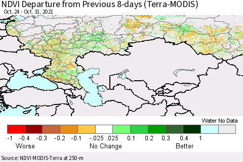 Russian Federation NDVI Departure from Previous 8-days (Terra-MODIS) Thematic Map For 10/24/2021 - 10/31/2021