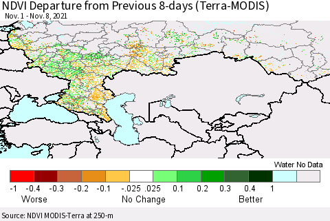Russian Federation NDVI Departure from Previous 8-days (Terra-MODIS) Thematic Map For 11/1/2021 - 11/8/2021