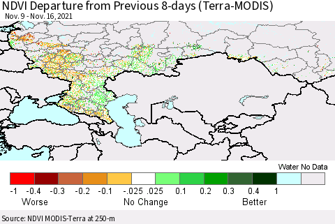 Russian Federation NDVI Departure from Previous 8-days (Terra-MODIS) Thematic Map For 11/9/2021 - 11/16/2021