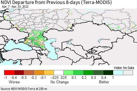 Russian Federation NDVI Departure from Previous 8-days (Terra-MODIS) Thematic Map For 4/7/2022 - 4/14/2022