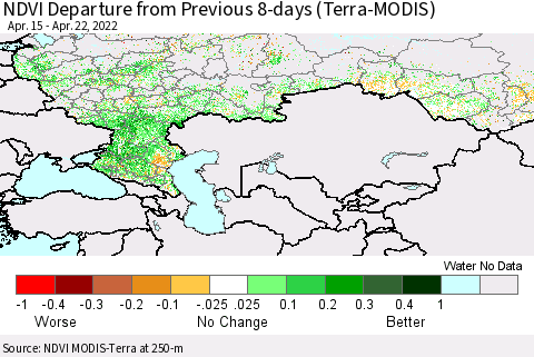 Russian Federation NDVI Departure from Previous 8-days (Terra-MODIS) Thematic Map For 4/15/2022 - 4/22/2022