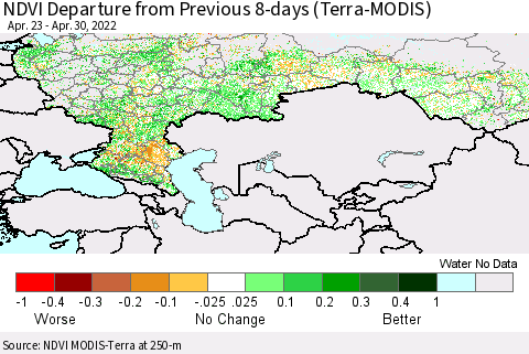 Russian Federation NDVI Departure from Previous 8-days (Terra-MODIS) Thematic Map For 4/23/2022 - 4/30/2022