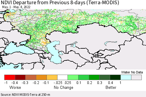 Russian Federation NDVI Departure from Previous 8-days (Terra-MODIS) Thematic Map For 5/1/2022 - 5/8/2022