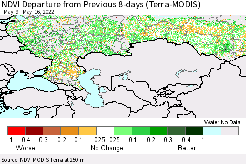 Russian Federation NDVI Departure from Previous 8-days (Terra-MODIS) Thematic Map For 5/9/2022 - 5/16/2022