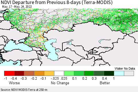 Russian Federation NDVI Departure from Previous 8-days (Terra-MODIS) Thematic Map For 5/17/2022 - 5/24/2022