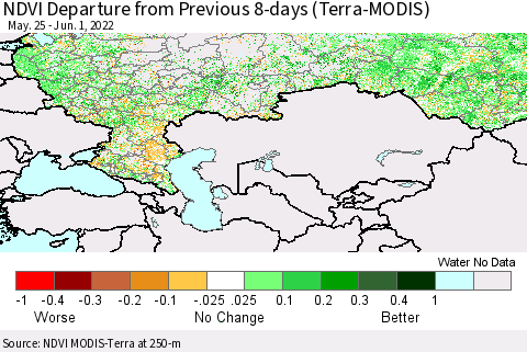 Russian Federation NDVI Departure from Previous 8-days (Terra-MODIS) Thematic Map For 5/25/2022 - 6/1/2022