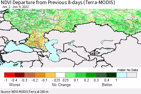 Russian Federation NDVI Departure from Previous 8-days (Terra-MODIS) Thematic Map For 6/2/2022 - 6/9/2022