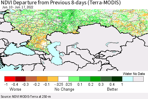 Russian Federation NDVI Departure from Previous 8-days (Terra-MODIS) Thematic Map For 6/10/2022 - 6/17/2022