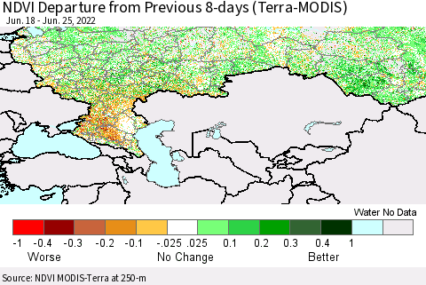 Russian Federation NDVI Departure from Previous 8-days (Terra-MODIS) Thematic Map For 6/18/2022 - 6/25/2022