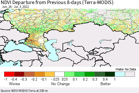 Russian Federation NDVI Departure from Previous 8-days (Terra-MODIS) Thematic Map For 6/26/2022 - 7/3/2022