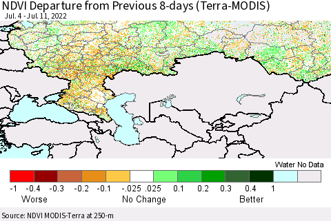 Russian Federation NDVI Departure from Previous 8-days (Terra-MODIS) Thematic Map For 7/4/2022 - 7/11/2022