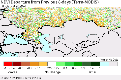 Russian Federation NDVI Departure from Previous 8-days (Terra-MODIS) Thematic Map For 7/20/2022 - 7/27/2022