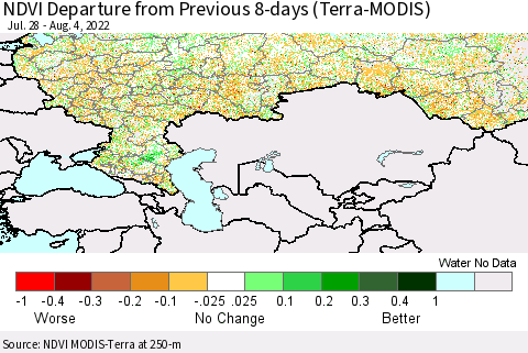 Russian Federation NDVI Departure from Previous 8-days (Terra-MODIS) Thematic Map For 7/28/2022 - 8/4/2022