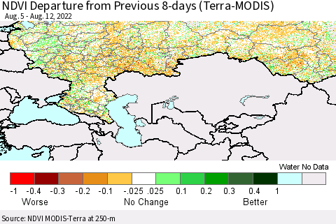 Russian Federation NDVI Departure from Previous 8-days (Terra-MODIS) Thematic Map For 8/5/2022 - 8/12/2022