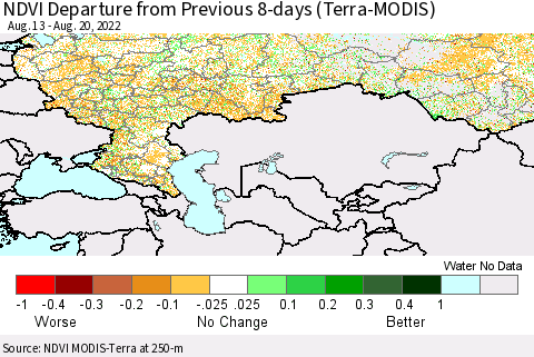 Russian Federation NDVI Departure from Previous 8-days (Terra-MODIS) Thematic Map For 8/13/2022 - 8/20/2022
