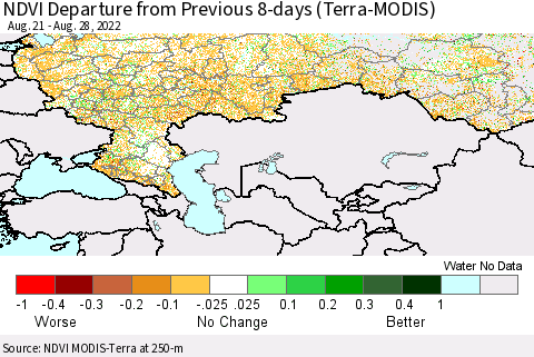 Russian Federation NDVI Departure from Previous 8-days (Terra-MODIS) Thematic Map For 8/21/2022 - 8/28/2022