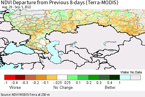 Russian Federation NDVI Departure from Previous 8-days (Terra-MODIS) Thematic Map For 8/29/2022 - 9/5/2022