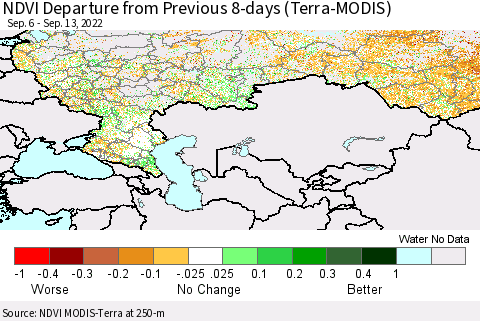 Russian Federation NDVI Departure from Previous 8-days (Terra-MODIS) Thematic Map For 9/6/2022 - 9/13/2022