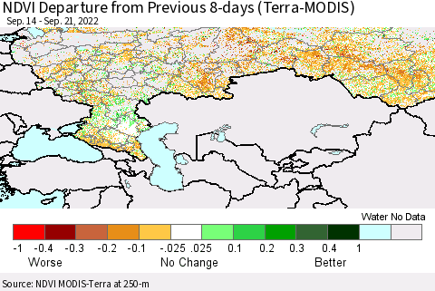 Russian Federation NDVI Departure from Previous 8-days (Terra-MODIS) Thematic Map For 9/14/2022 - 9/21/2022