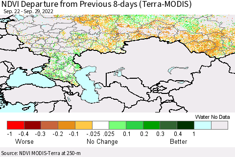 Russian Federation NDVI Departure from Previous 8-days (Terra-MODIS) Thematic Map For 9/22/2022 - 9/29/2022