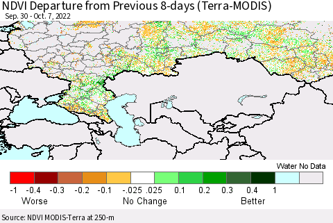 Russian Federation NDVI Departure from Previous 8-days (Terra-MODIS) Thematic Map For 9/30/2022 - 10/7/2022