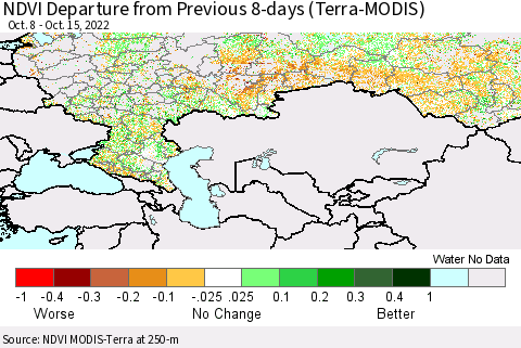 Russian Federation NDVI Departure from Previous 8-days (Terra-MODIS) Thematic Map For 10/8/2022 - 10/15/2022