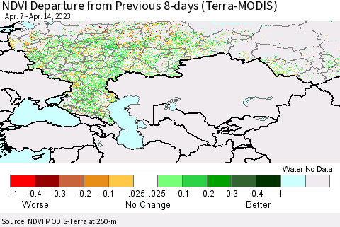 Russian Federation NDVI Departure from Previous 8-days (Terra-MODIS) Thematic Map For 4/7/2023 - 4/14/2023