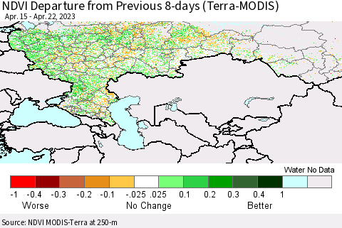 Russian Federation NDVI Departure from Previous 8-days (Terra-MODIS) Thematic Map For 4/15/2023 - 4/22/2023