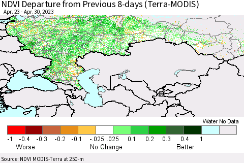 Russian Federation NDVI Departure from Previous 8-days (Terra-MODIS) Thematic Map For 4/23/2023 - 4/30/2023