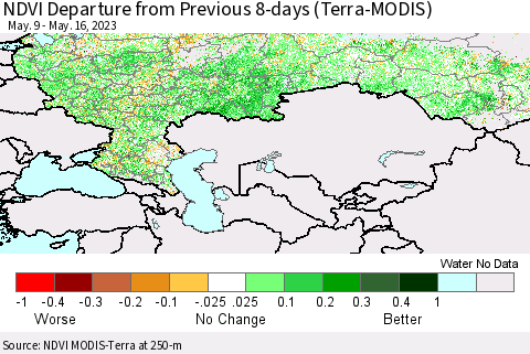 Russian Federation NDVI Departure from Previous 8-days (Terra-MODIS) Thematic Map For 5/9/2023 - 5/16/2023
