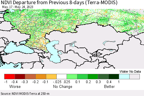 Russian Federation NDVI Departure from Previous 8-days (Terra-MODIS) Thematic Map For 5/17/2023 - 5/24/2023
