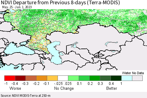 Russian Federation NDVI Departure from Previous 8-days (Terra-MODIS) Thematic Map For 5/25/2023 - 6/1/2023