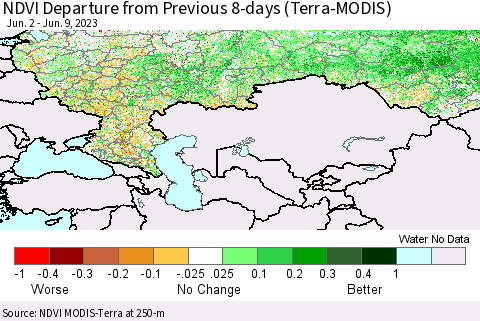 Russian Federation NDVI Departure from Previous 8-days (Terra-MODIS) Thematic Map For 6/2/2023 - 6/9/2023