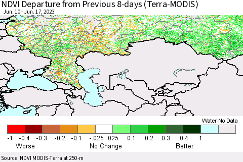 Russian Federation NDVI Departure from Previous 8-days (Terra-MODIS) Thematic Map For 6/10/2023 - 6/17/2023