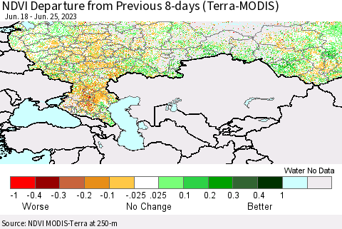 Russian Federation NDVI Departure from Previous 8-days (Terra-MODIS) Thematic Map For 6/18/2023 - 6/25/2023