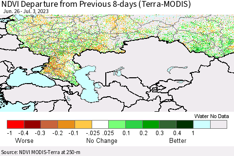 Russian Federation NDVI Departure from Previous 8-days (Terra-MODIS) Thematic Map For 6/26/2023 - 7/3/2023