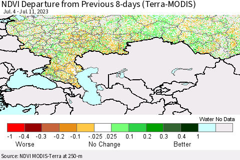 Russian Federation NDVI Departure from Previous 8-days (Terra-MODIS) Thematic Map For 7/4/2023 - 7/11/2023