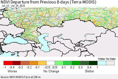 Russian Federation NDVI Departure from Previous 8-days (Terra-MODIS) Thematic Map For 7/12/2023 - 7/19/2023