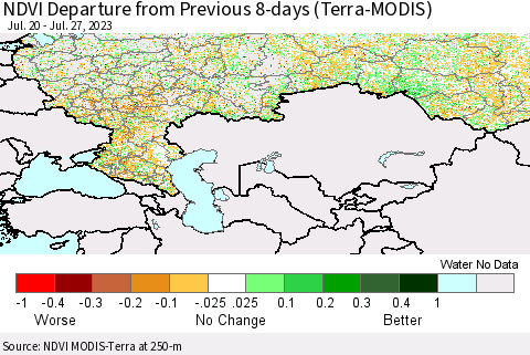 Russian Federation NDVI Departure from Previous 8-days (Terra-MODIS) Thematic Map For 7/20/2023 - 7/27/2023