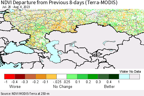 Russian Federation NDVI Departure from Previous 8-days (Terra-MODIS) Thematic Map For 7/28/2023 - 8/4/2023