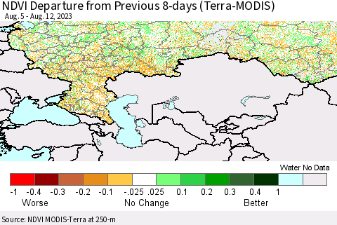 Russian Federation NDVI Departure from Previous 8-days (Terra-MODIS) Thematic Map For 8/5/2023 - 8/12/2023