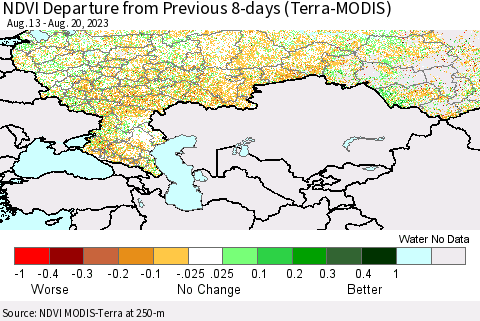 Russian Federation NDVI Departure from Previous 8-days (Terra-MODIS) Thematic Map For 8/13/2023 - 8/20/2023