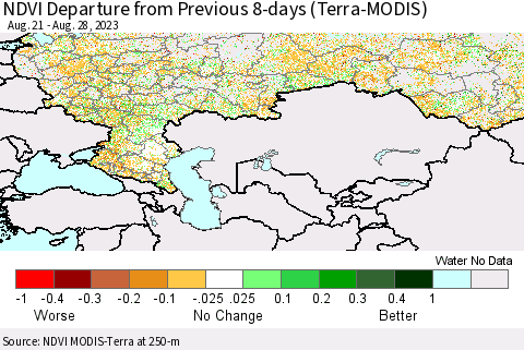 Russian Federation NDVI Departure from Previous 8-days (Terra-MODIS) Thematic Map For 8/21/2023 - 8/28/2023
