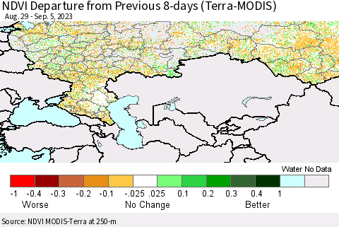 Russian Federation NDVI Departure from Previous 8-days (Terra-MODIS) Thematic Map For 8/29/2023 - 9/5/2023